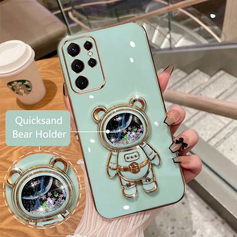 Phone Case For Samsung Galaxy S23 Ultra Soft Silicone Luxury Plating Cartoon Bear Fold Stand Phone Case Cover