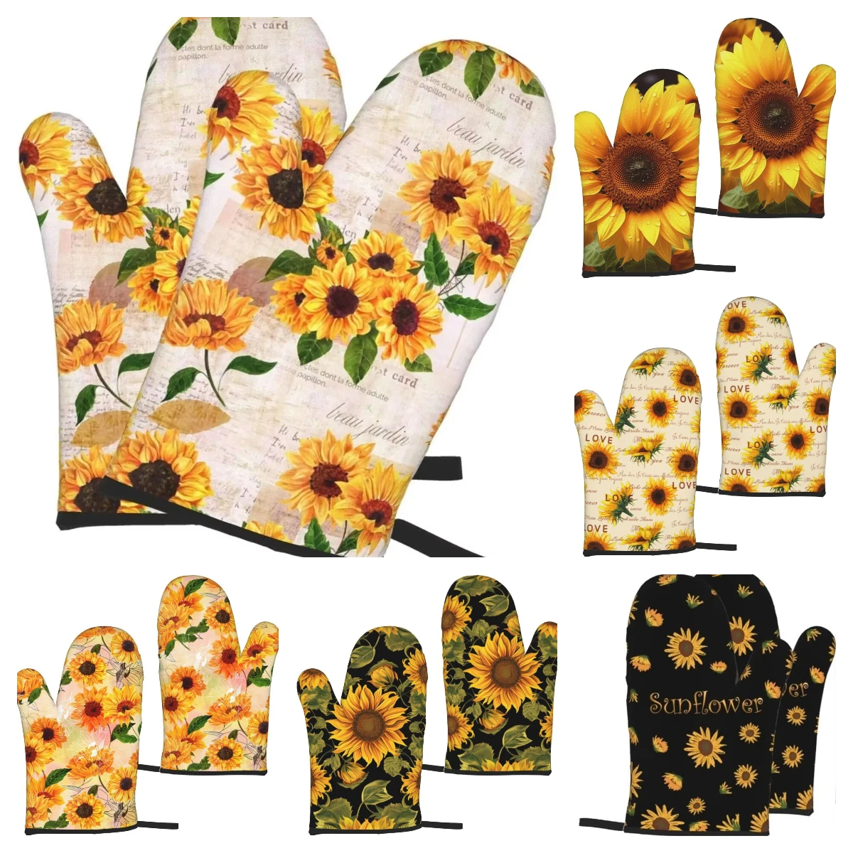 2pcs Yellow Sunflower Floral Print Oven Mitts Heat Resistant Kitchen Waterproof Gloves with Inner Cotton Layer for Cooking BBQ