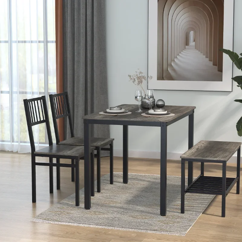 4-Piece Dining Table Set with Storage Rack, 43in Rectangular Kitchen Table with 2 Chairs and a Bench Dining Set for Home Dining