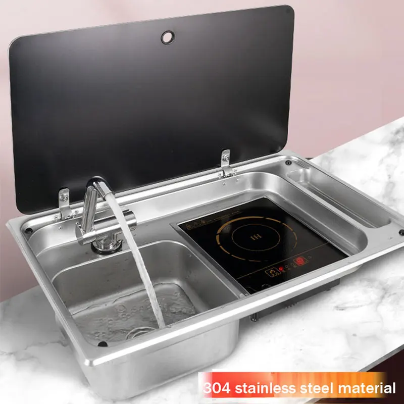 RV Stainless Steel Stove Sink And Induction Cooker Combination Unit With Tempered Glass Lid For Caravan Motorhome Yacht