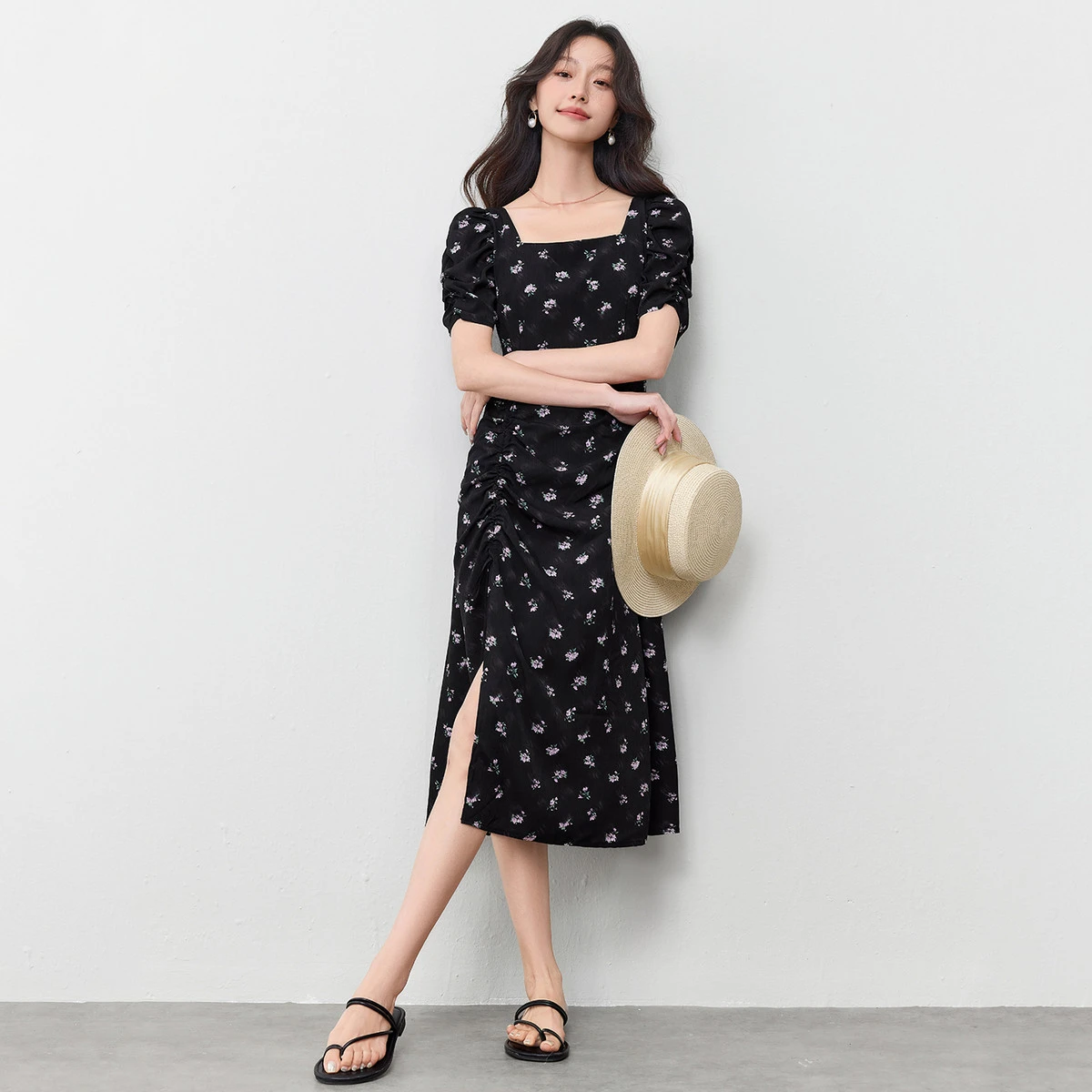 SENTUBILA Women's Square Neck Floral Print Dress 2026 Summer Fashion Drawstring Split Hem Puff Sleeve Vacation Dress 152LO3117