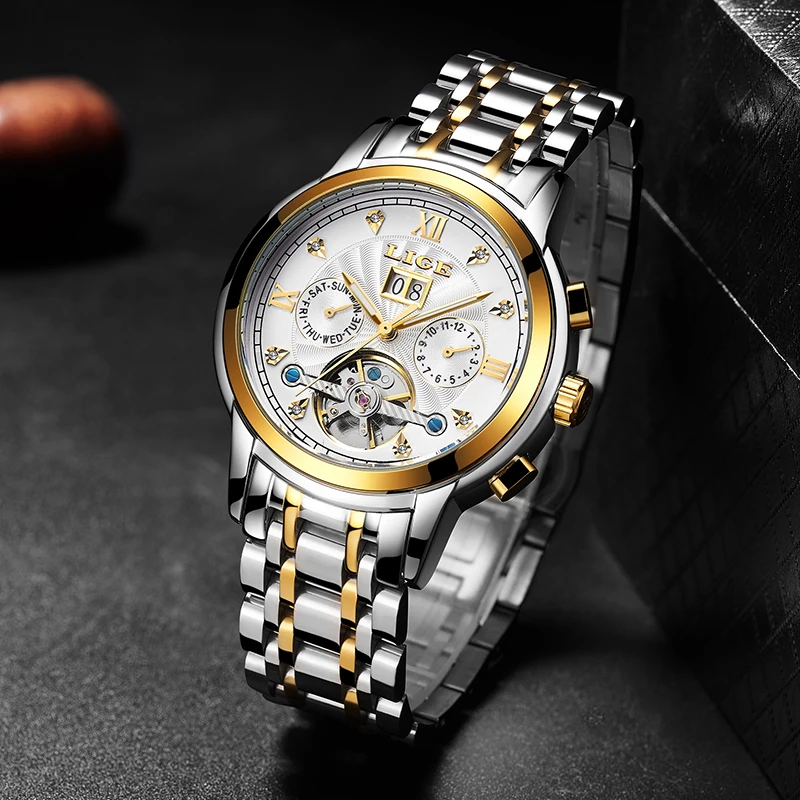 LIGE Fashoin Luxury Mechanical Man Watch Business Stainless Band Automatic Tourbillon Watches Waterproof Date Clock Wristwatches