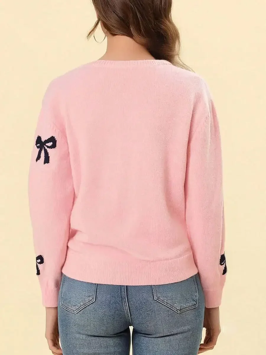 

Womens Knit Sweater Long Sleeve Round Neck Bow Decorated Loose Fit Pullover