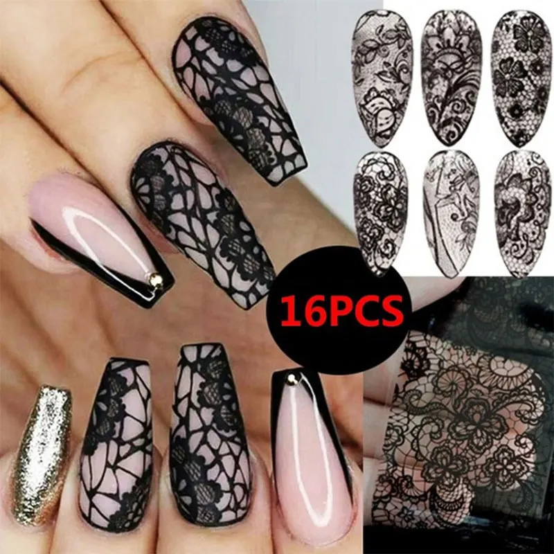 16 Sheet Black Lace Flower Nails Sticker White Star Transfer Nail Foil Adhesive Manicure Nail Stickers Designer Art Decoration