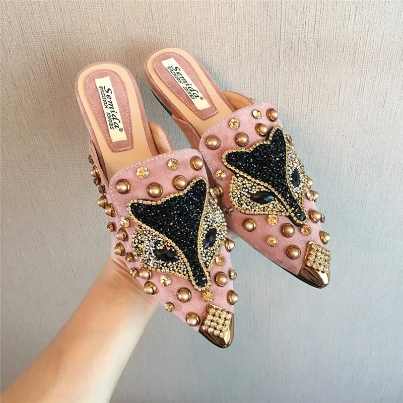 Female Summer Outside Mules Wear Baotou Slippers Rhinestone Half Slippers Pointed Flat Shoes