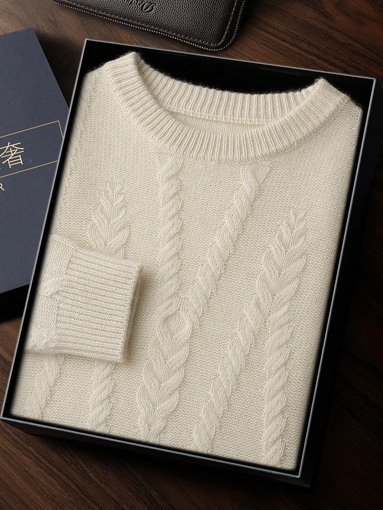 

Thick Men's O-neck Sweater Autumn Winter 100% Cashmere Knitwear Twist Flower Jacquard Pullovers High-end Clothing Business Tops