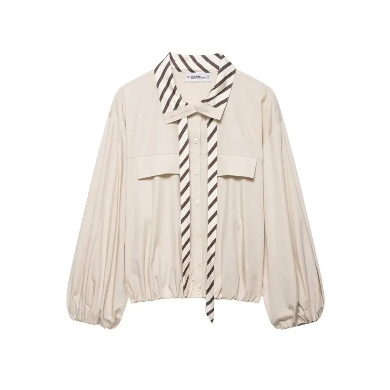 

Women Contrasting Collar Poplin Shirt Spring Casual Lapel Collar Long Sleeve Single Breasted Blouses Fashion Short Female Shirts