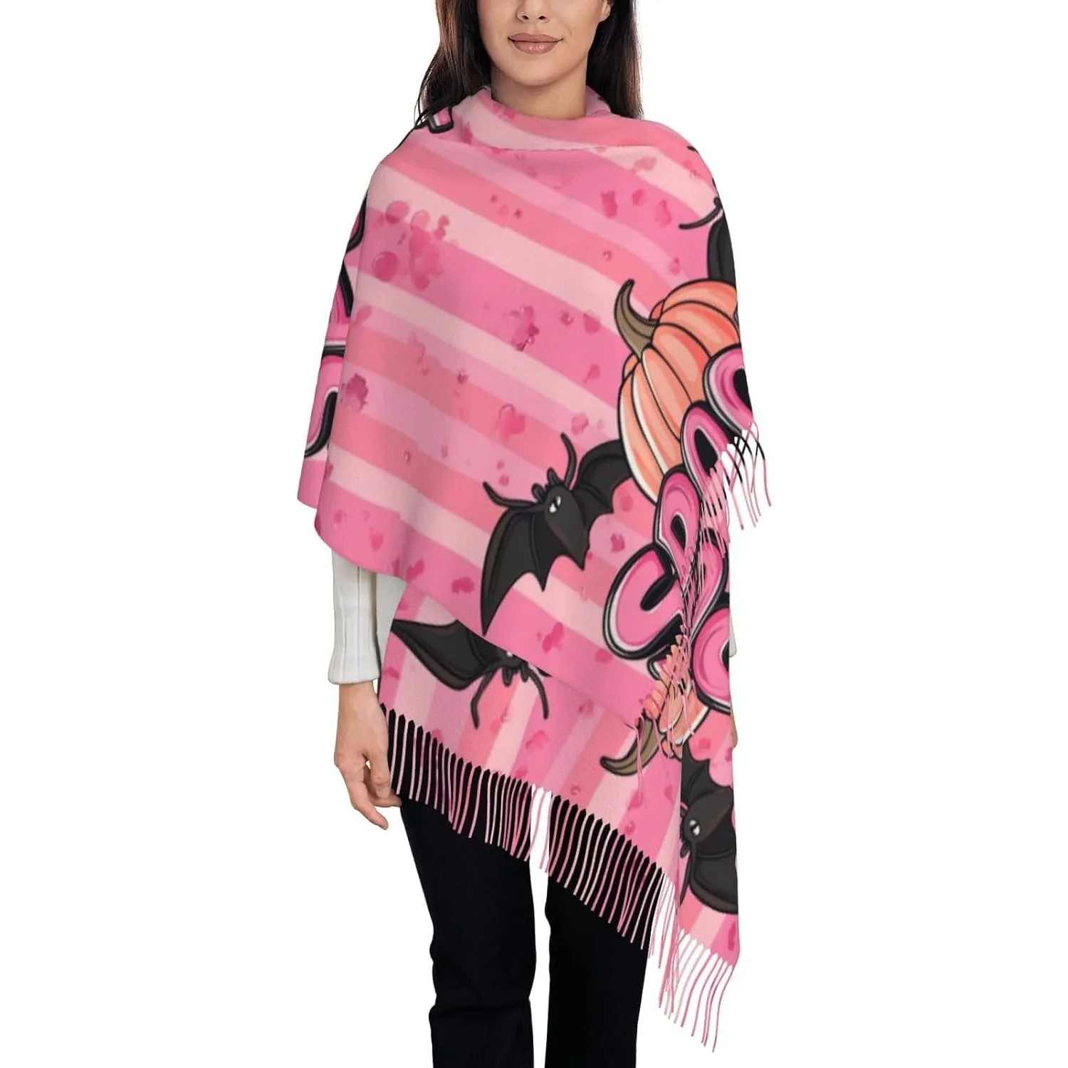 Halloween Winter Soft Scarf Womens Warm Skull Bat Shawls Spider Web Pumpkin Cozy Tassel Scarf