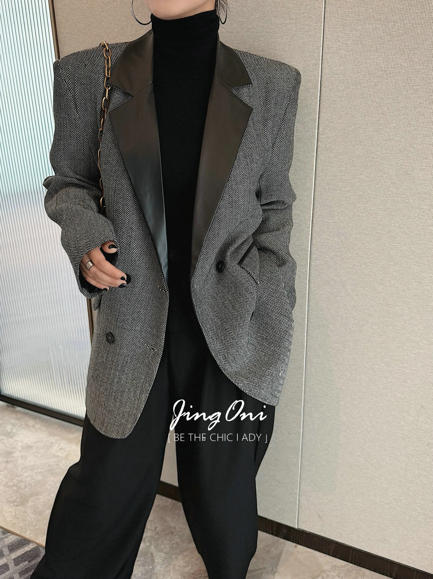 Wełniany garnitur damski, luźny krój, skórzany kołnierz, odzież wierzchnia jesienno-zimowa, nowy, wyszczuplający, wysokiej jakości materiał.