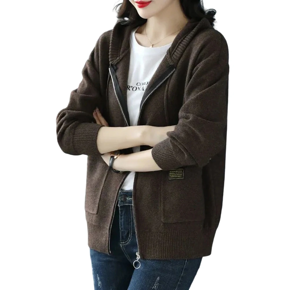 Felpa con cappuccio a maniche lunghe cardigan maglione lavorato a maglia con cappuccio da donna casual con tessuto ad alta elasticità adatto per l'autunno e l'inverno