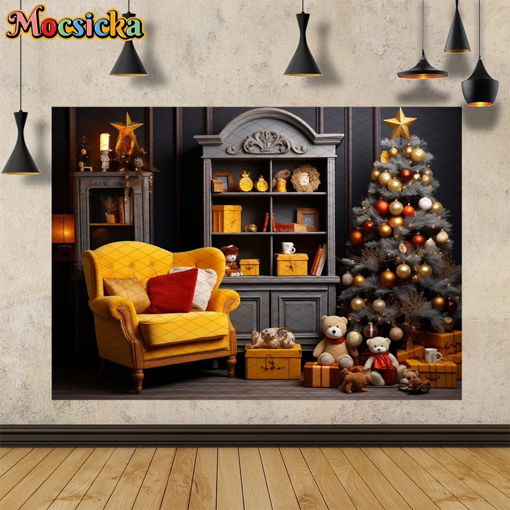 Christmas Cartoon Bear Photography Background Cabinet Yellow Sofa Xmas Tree Newborn Baby Backdrop Kids Portrait Photo Studio