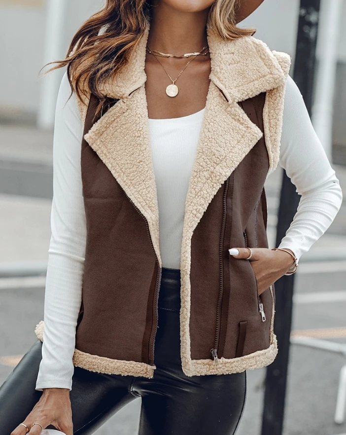 Autumn women's vest 2024 fashion PU stand up collar sleeveless vest jacket wool lining pocket design casual daily zipper jacket