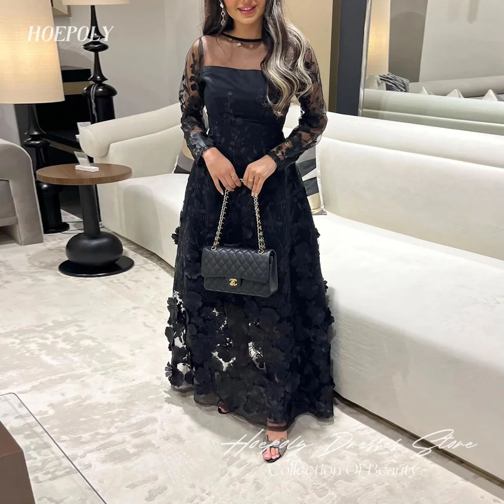 

Hoepoly Tulle A-line O-neck Appliques Arab Ruffle Prom Gown Ankle-length Saudi Elegant Formal Evening Party Dress for Women 2023