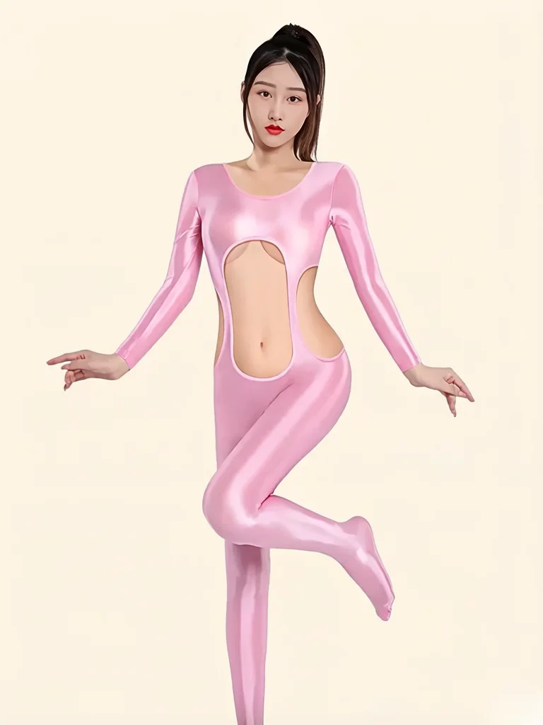 Satin Shiny High Elastic Jumpsuit Hollow Out Full Body Bodysuit Silk Sheer Oil Shiny Unitard Shaping Women Leotard