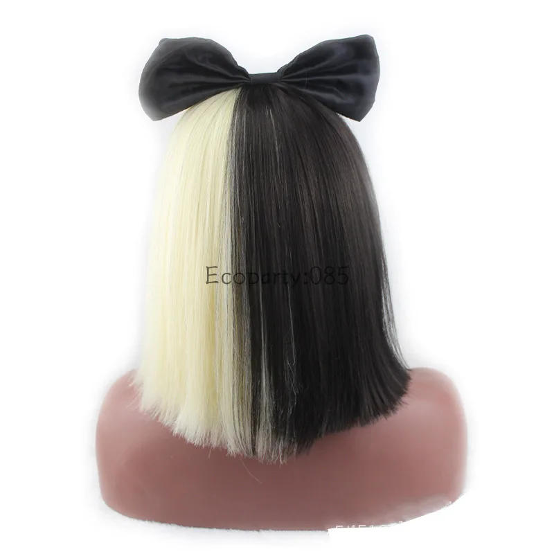 ยอดนิยม Sia วิกผมสีดำ Beige สั้นตรงแบนผมแบนแบนทนความร้อนวิกผมปลอม + Bowknowts สำหรับหญิง