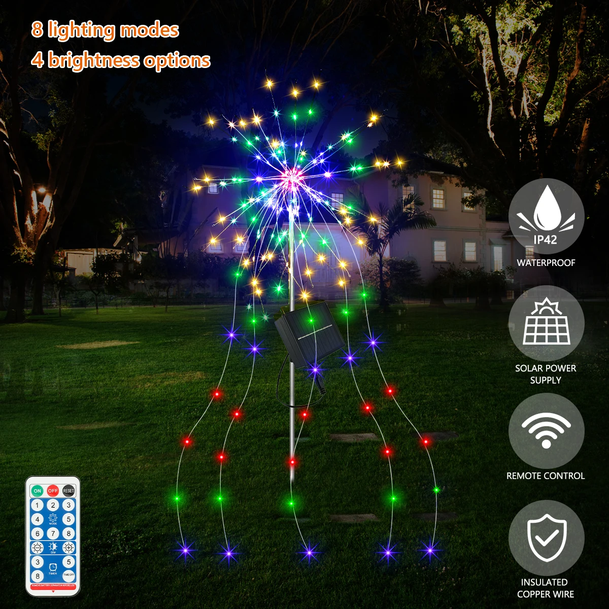 luz de fogos de artificio solar para jardim ao ar livre lampada de gramado impermeavel controle remoto decoracao paisagem quintal 200led 01