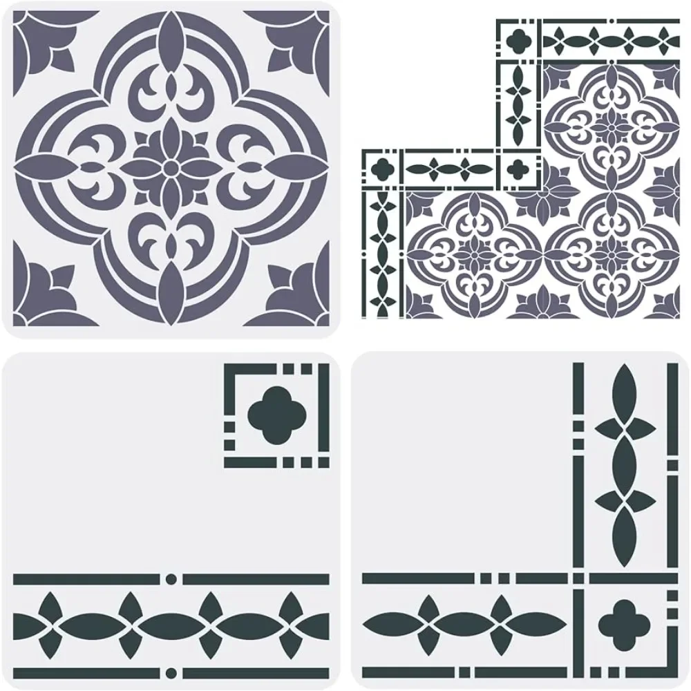 

3 pcs Santa Ana Tile Stencil 11.8x11.8inch Reusable Floor Tile Stencil Border & Corners Stencils Mandala Floor Tile Stencil Conc