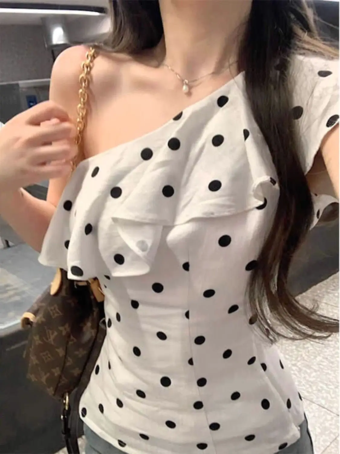 

French Ruffled Off-shoulder Off-shoulder Polka Dot Top for Women Summer New Shirt
