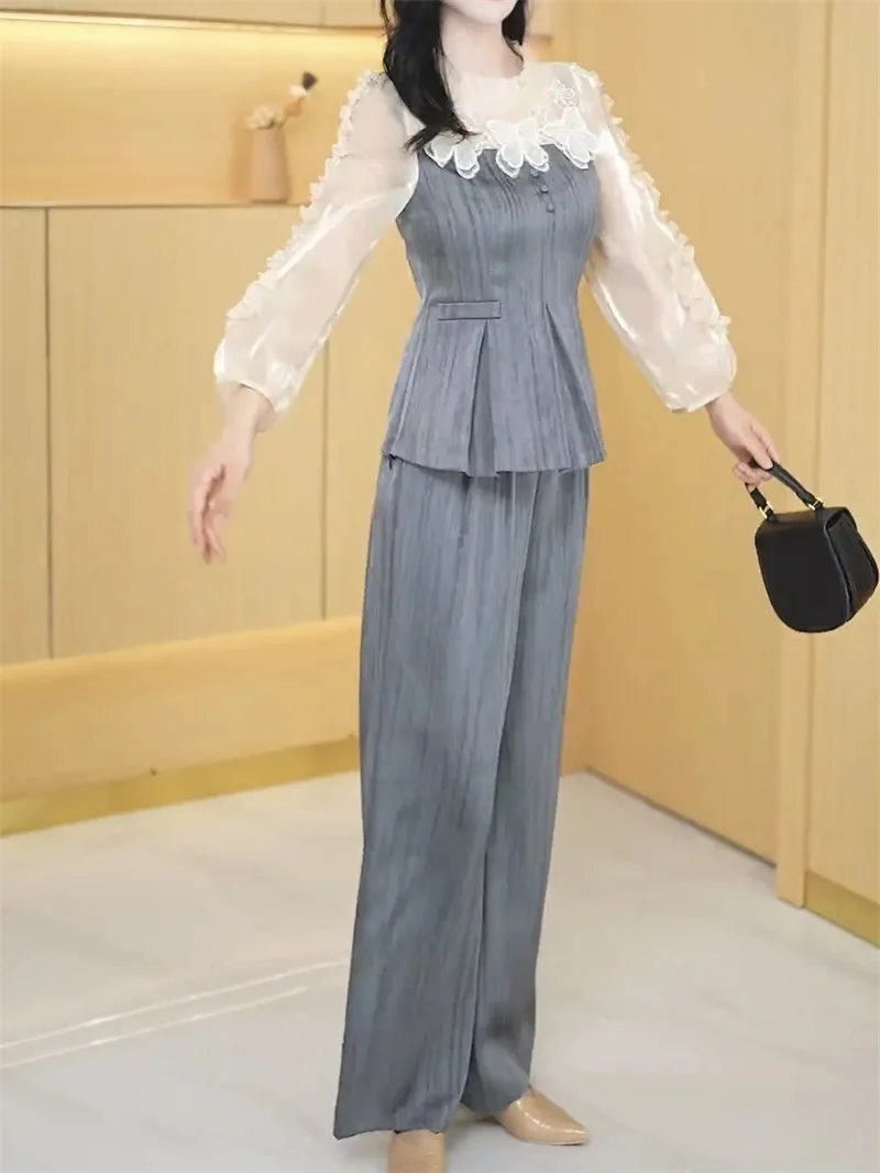 Fashion and Elegance Autumn New Style Loose Elegance Show Thin Two Piece Set Trendy Women Spring Sshirt And Pant Suits 4XL Plu