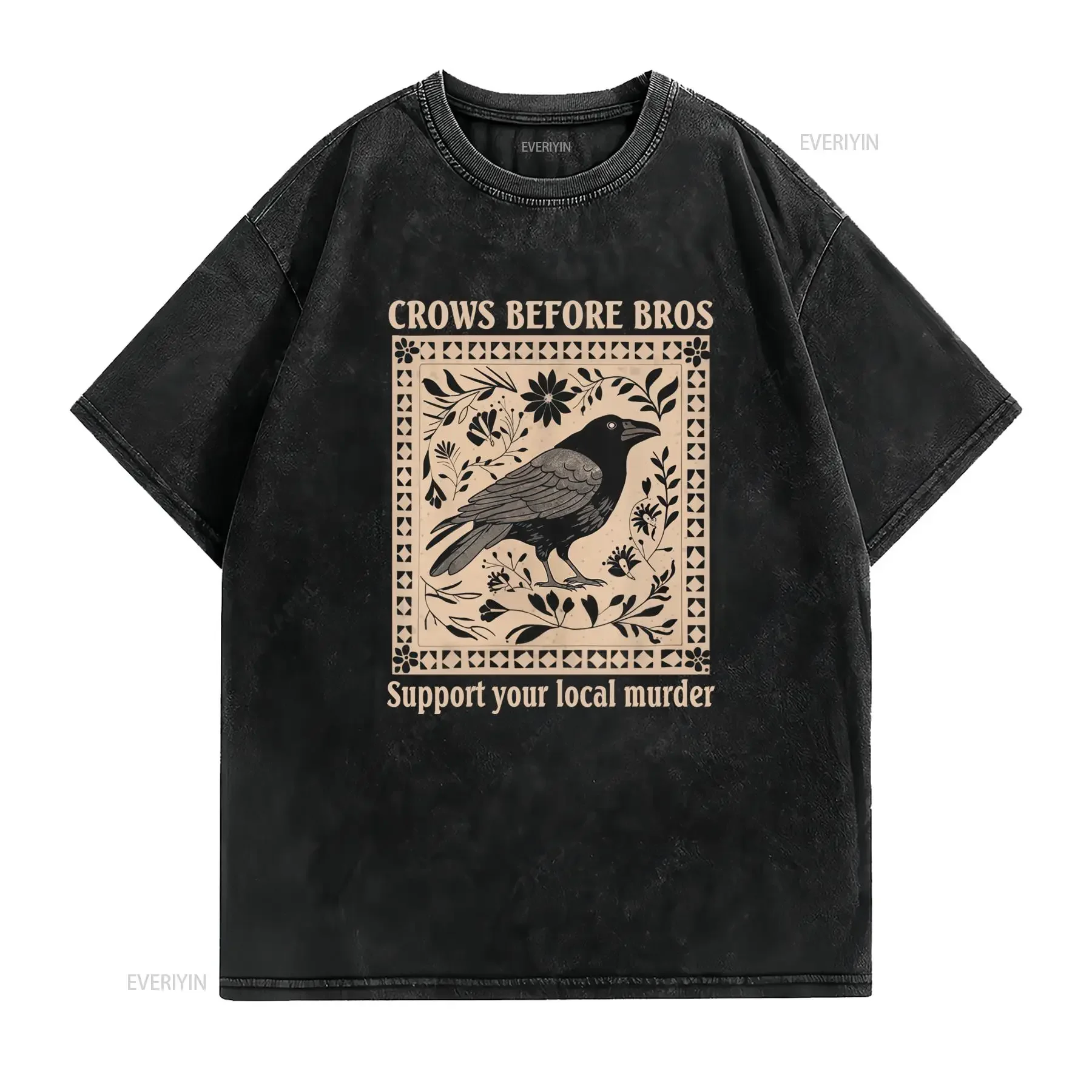 Vintage Gothic Crow Funny Slogan Folk Floral Print Casual T Shirt vintage Washed Comfortable Slightly Stylish designer clothes