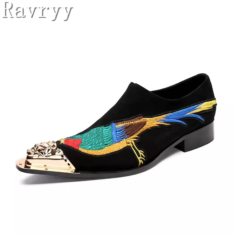 Brand Design Embroider Birds Suede Leather Shoes Men Slip On Soft Loafers Formal Wedding and Party Dress Shoes