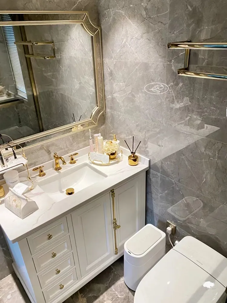 Custom-made French-American bathroom cabinet combined with solid wood slate floor-standing hand-washing basin and bathroom