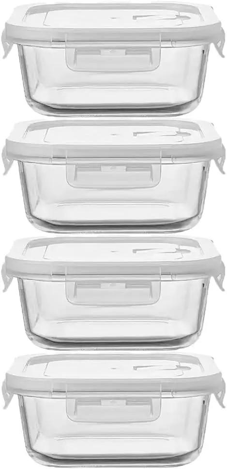 16OZ Square Glass Meal Prep Containers with Lids, BPA-Free Heat-Resistant, Microwave Dishwasher Freezer Safe (4 Pack)