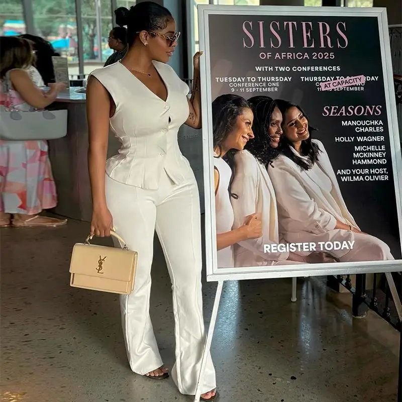 Pure Color Waist-Cinching V-Ne Button-Up Women's Set Casual Sle Mid-Low Waist Umbrella Soldier Pants PVC Fabric PU Material