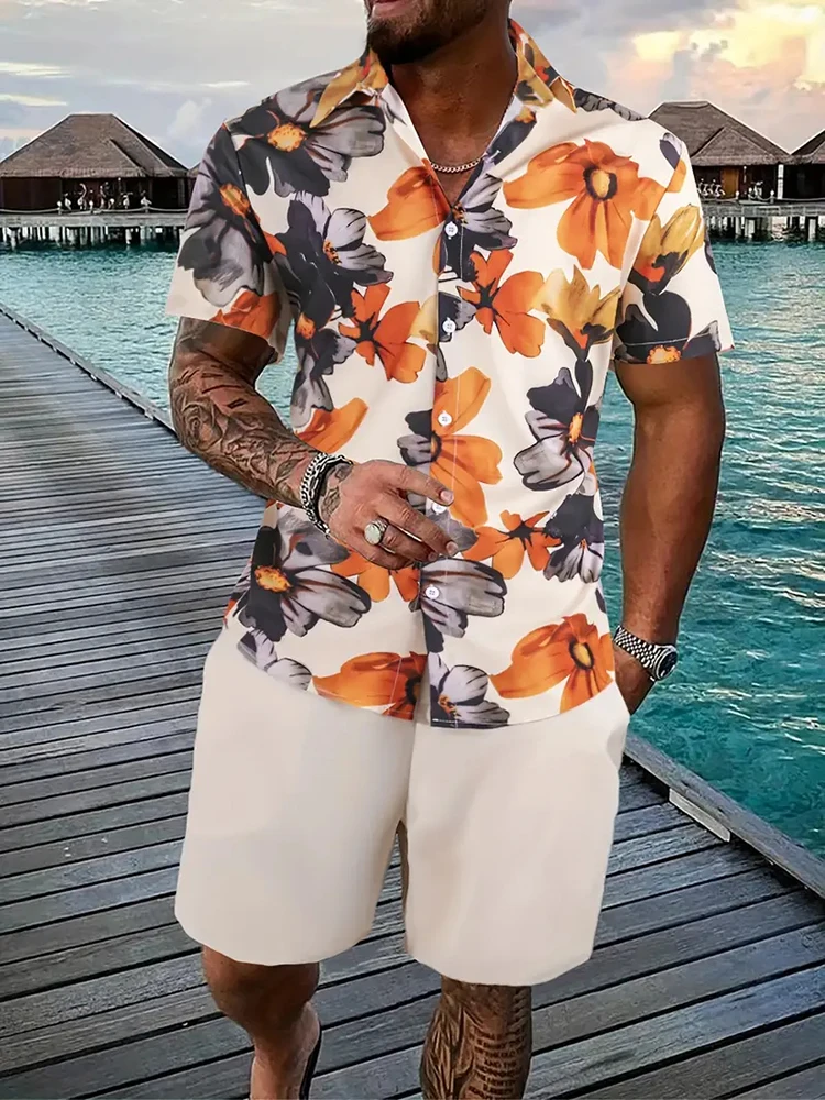 Summer Men\'s Casual Shirt And Beach Shorts Hawaiian Fashion Short-sleeved Shirt Beach Party Drawstring Shorts Baroque Print