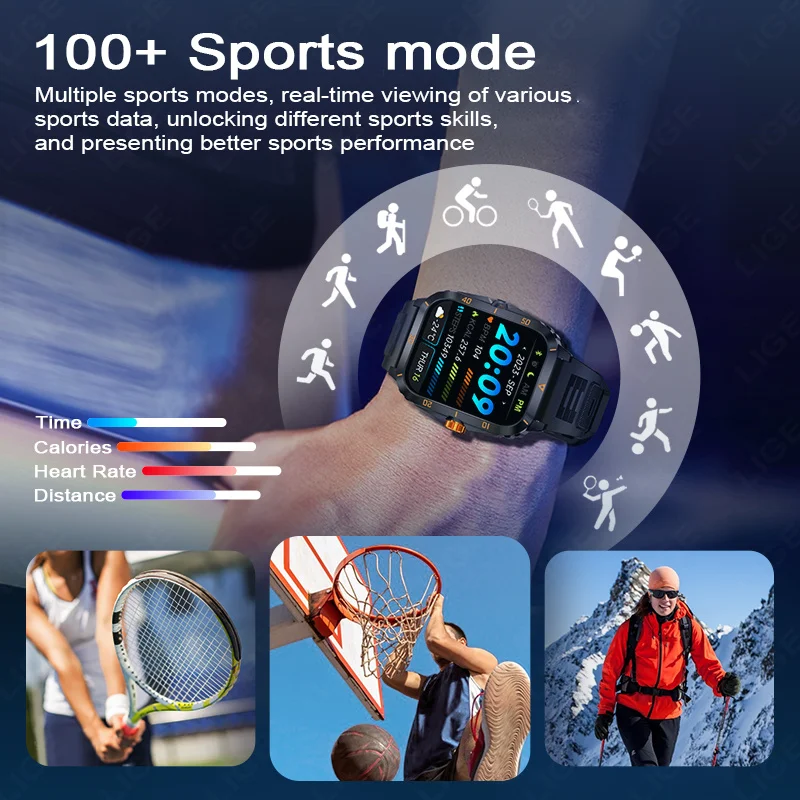 LIGE 2024 wojskowy inteligentny zegarek męski 3ATM wodoodporny Outdoor nadajnik sportowy Fitness Monitor zdrowia Smartwatch Men 430mAh Battery