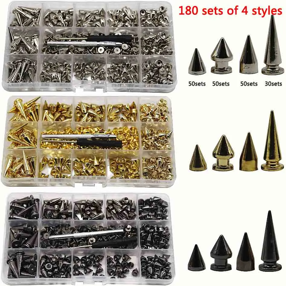 180/80 Sets Punk Rivet Screw Back Studs and Spikes Kit with Tools Leather Craft Bullet Cone DIY for Leather collar Bracelet