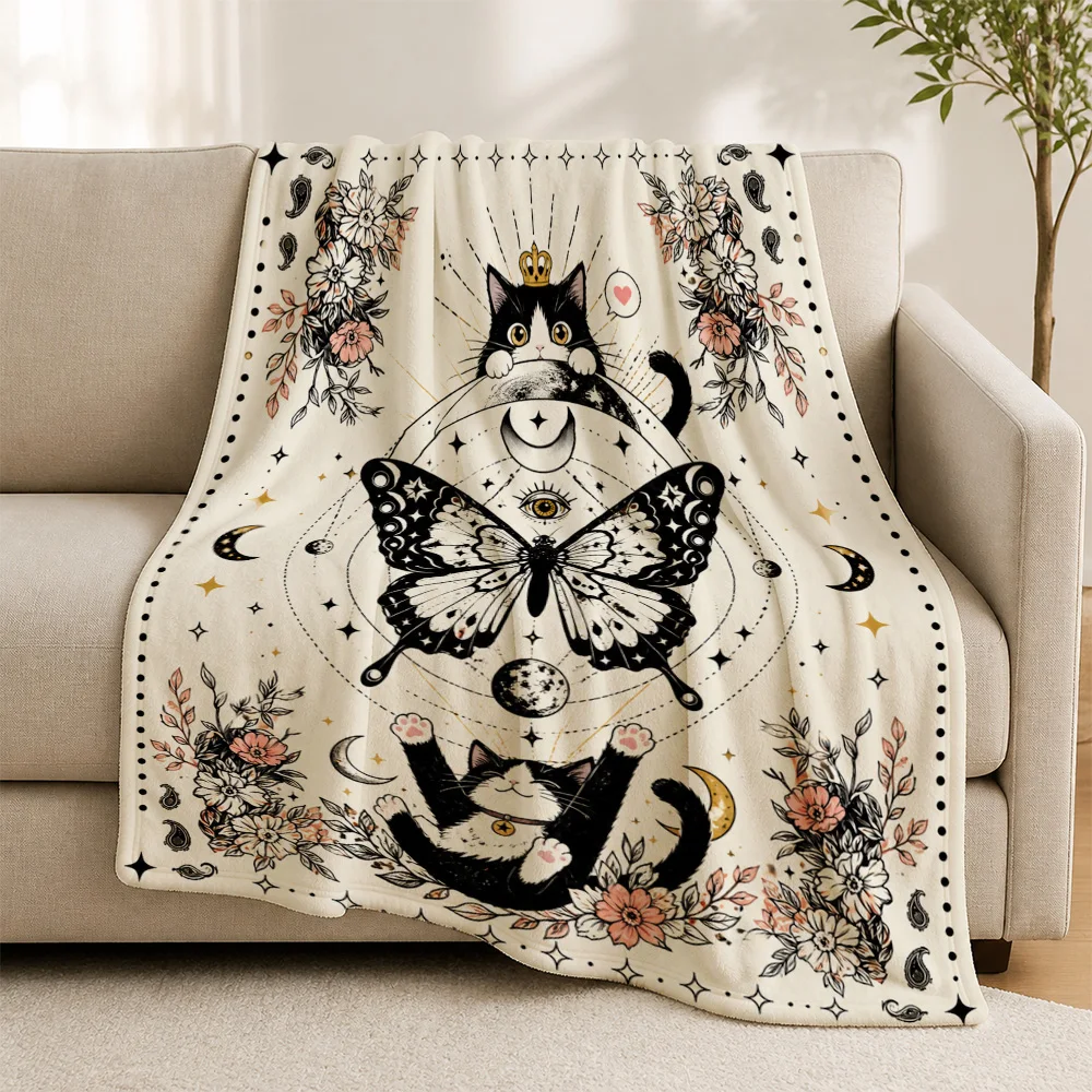 Cozy Boho Celestial Cat Butterfly Throw Blanket Zodiac Floral Print Witchy Decor Sofa Throw for Home Living Room Gifts