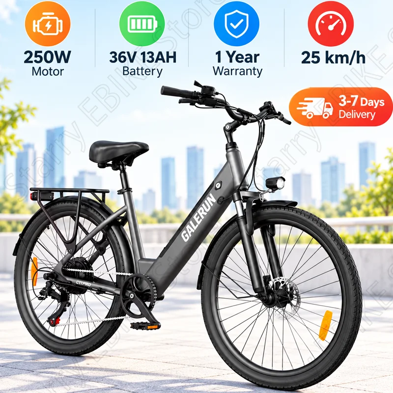 GALERUN C11 PRO Hochwertiges Elektrofahrrad für Erwachsene 250W Bürstenloser Motor 36V 13Ah Lithium-Akku 26 Zoll Premium Stadtfahrrad Hydraulische Scheibenbremse Abnehmbarer Akku Elektrofahrrad