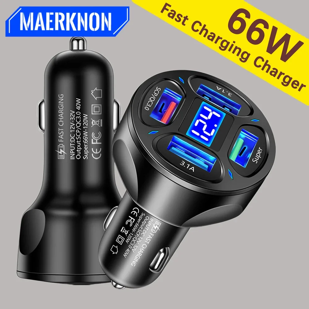 66W 4 Ports Car Charger Fast Charging Phone Adapter QC 4.0 3.0 For iPhone 15 Samgsung Oneplus Xiaomi Portable USB Car Chargers