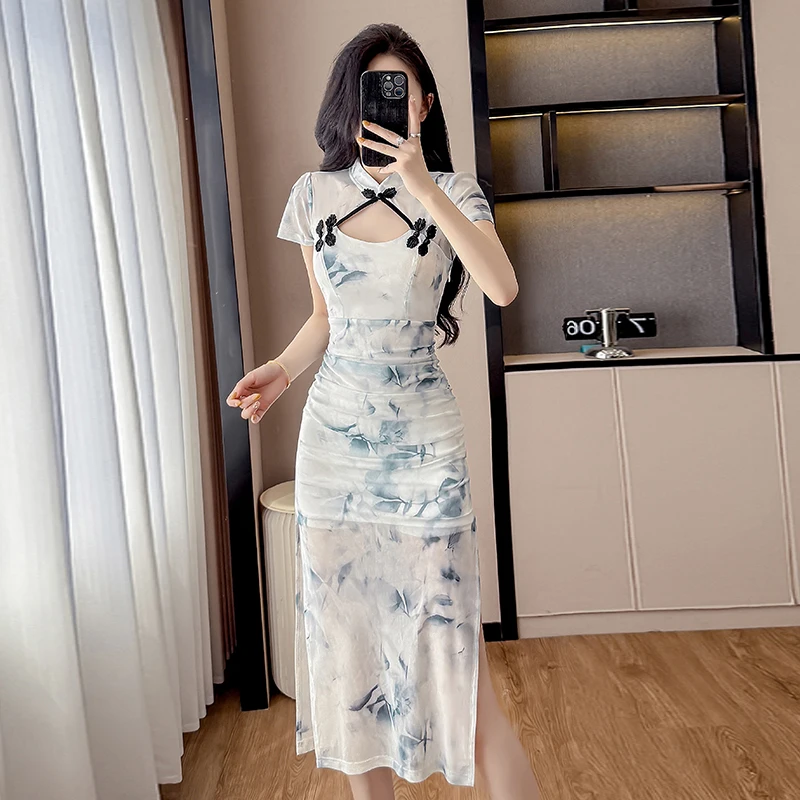 2026 Ethnic Mesh Cheongsam Dress Women Slim Fit Side Split Hollow Out Floral Long Maxi Summer