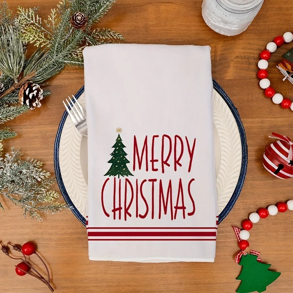 2PCS Star Christmas Tree Pattern Merry Christmas Kitchen Towel Water-absorbent Washable Dish Washing Cloth Rectangular