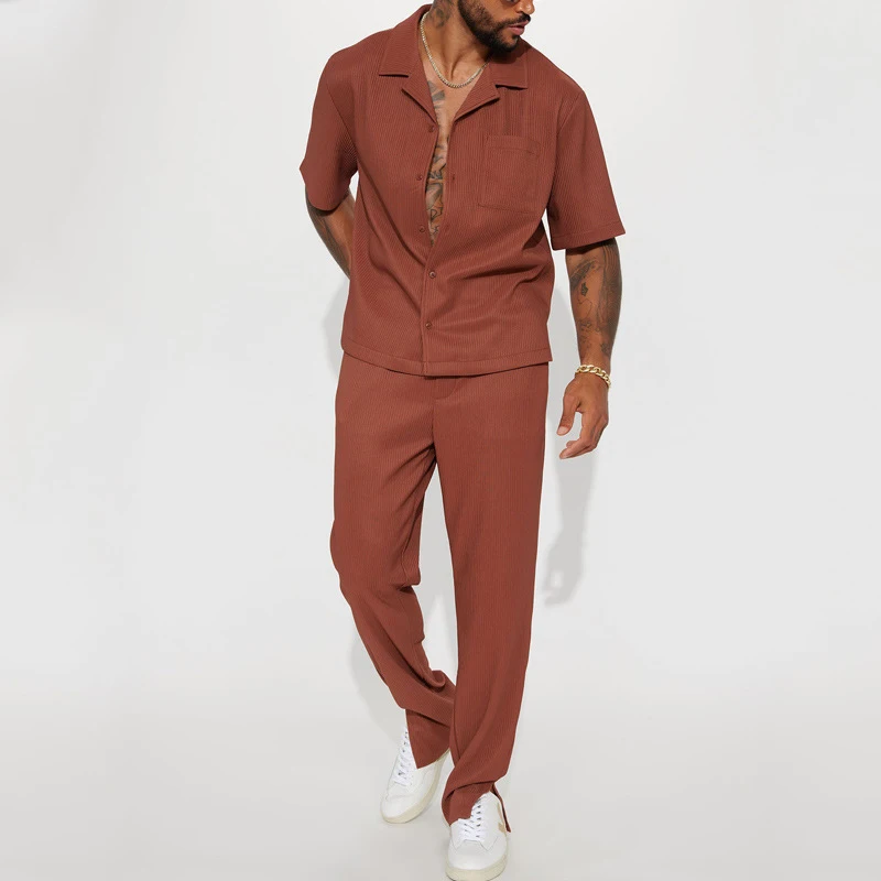 Fashion Mens Solid Color 2 Piece Suits Streetwear Trendy Loose Short Sleeve Lapel Shirt And Pants Outfits Men Spring Casual Sets