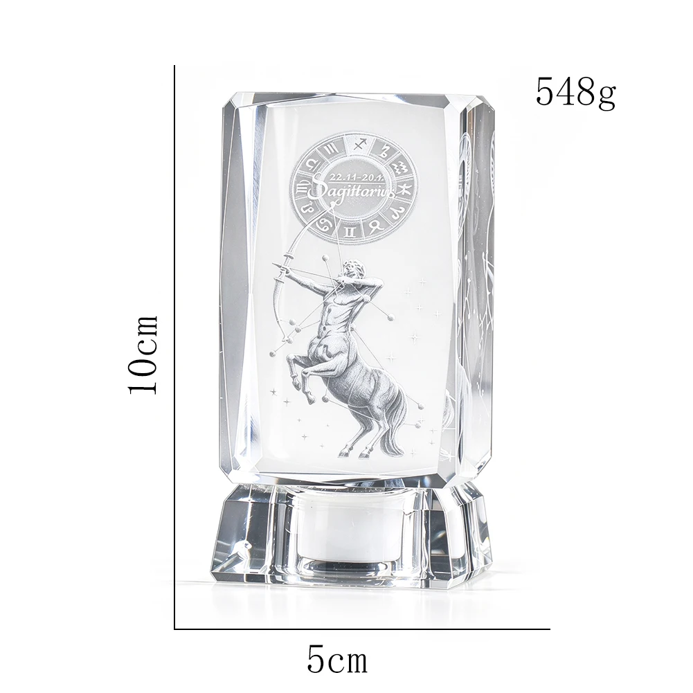 3D Laser Engraved Sagittarius Constellation Crystal Figurine Zodiac Signs Crystal Cube with LED Base Birthday Night Light Gift