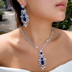 CWWZircons Top Quality Royal Blue Cubic Zirconia African Big Statement Necklace 2Pcs Sets for Women Evening Party Jewelry T0553