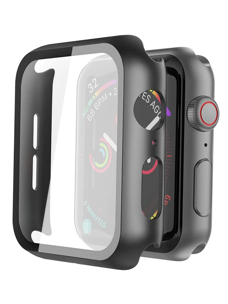 Hard PC Case Tempered Glass Screen Protector Compatible for Apple Watch Accessories 6 SE 9 8 7 6 5 3  4 44mm 45mm 41mm 42mm 38mm