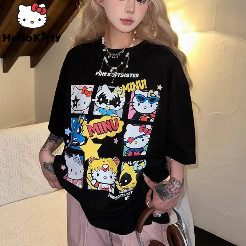 Sanrio Hello Kitty Gothic Graphic T-shirt For Women's Summer New Oversize Short Sleeved Top Y 2k Black White Tees Clothes Girls