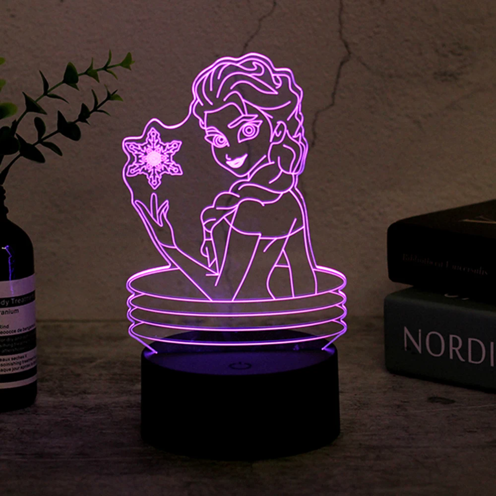 Cartoon Figure Elsa 7 Colors 3D Night Light LED Lamp Frozen Queen Princess Elsa Illusion Bedside Lights Table Lampara