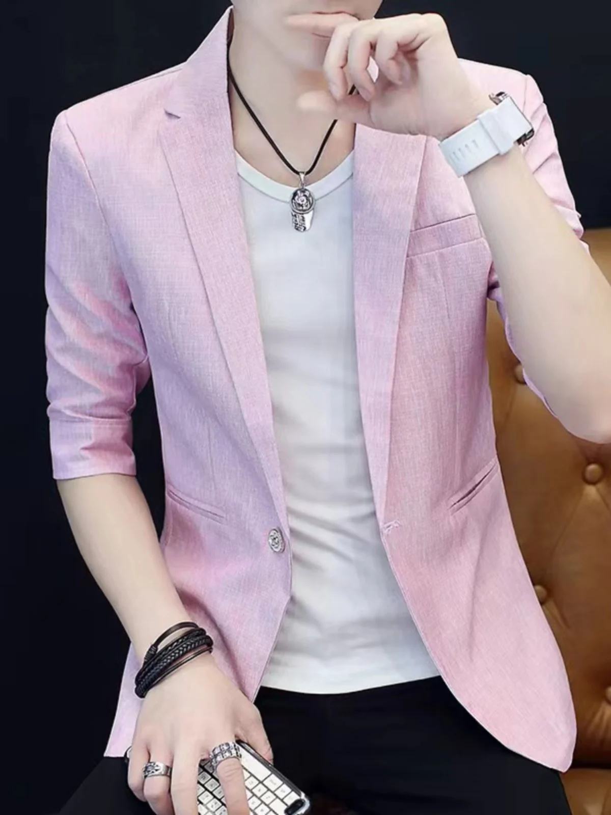 

Мужской летний костюм-поло приталенного кроя для молодежи, повседневный, модный, однотонный, с отложным воротником, на двух пуговицах, из тонкой ткани