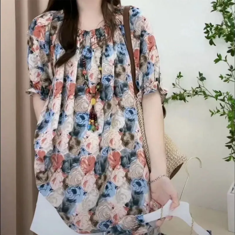 Casual Loose Printed Blouse Summer Elegant Slash Neck Shirring Folds Women\'s Clothing Short Sleeve Commute Stylish Dot Shirt New