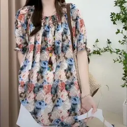 Blusa feminina solta estampada, camisa de manga curta, gola barra elegante, dobras para camisas, camisa de deslocamento elegante, roupa casual de verão, nova