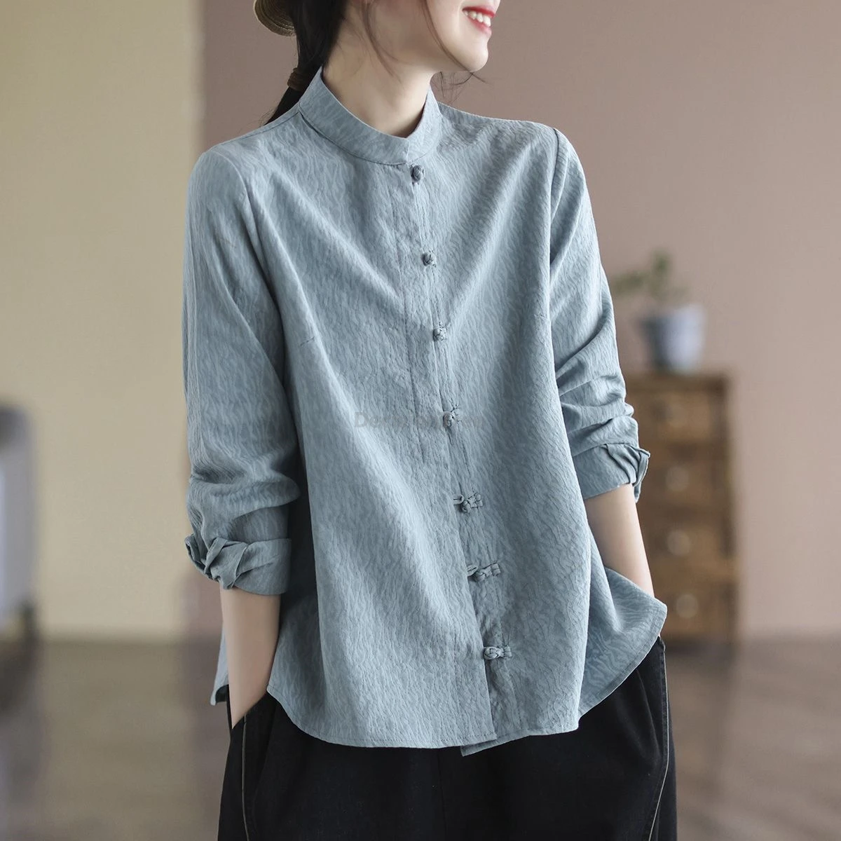 

2025 cotton and linen shirt women's spring and autumn zen vintage top long sleeved retro literature art loose chinese blouse