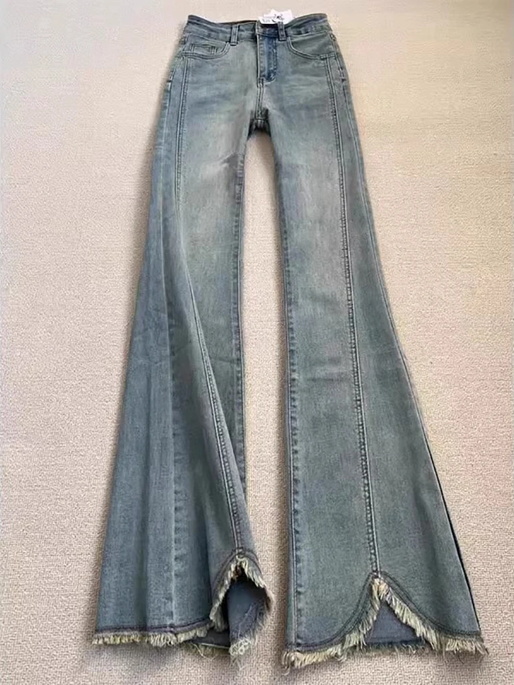 

Korean Style Casual Flared Pants For Women Fashion High Waisted Zipper Split Jeans Solid Color Versatile Slim Fit Floor rousers