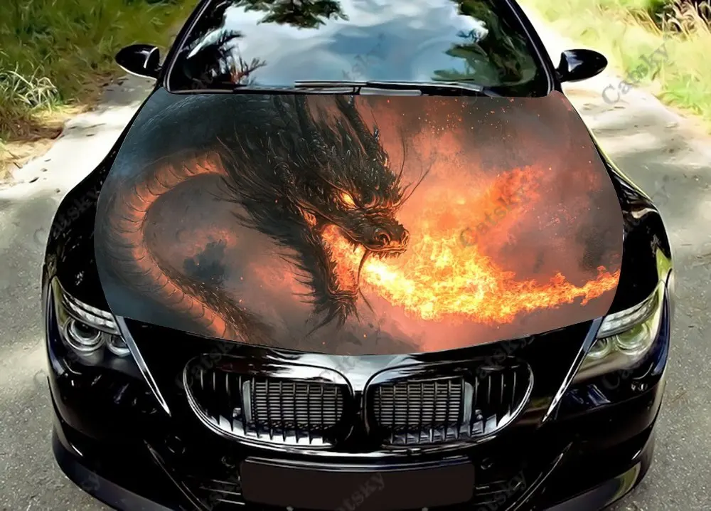 Cool Dragon Spray Fire Car Hood Vinyl Sticker Wrap Vinyl Film Engine Cover Decal Universal Auto Accessories Hood Protective Film