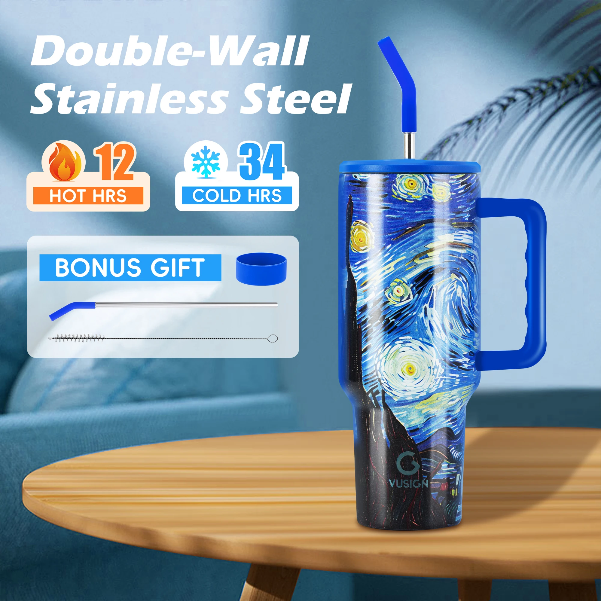 

Стакан Deli из нержавеющей стали с соломинкой, 40 жидких унций, Звездная ночь