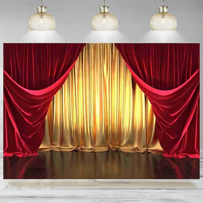 Rendering Theater Stage Photography Backdrop Golden Red Curtains Photo Props Background Wedding Birthday Party Decoration Bann